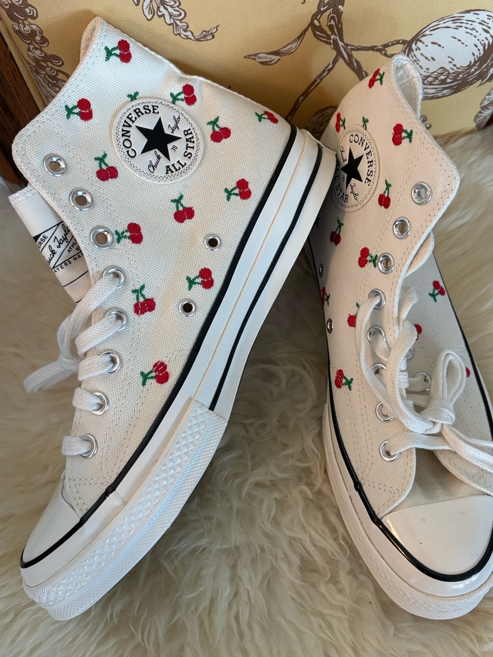 NEW!! Converse White High-Top Sneakers with Red Cherry Print
